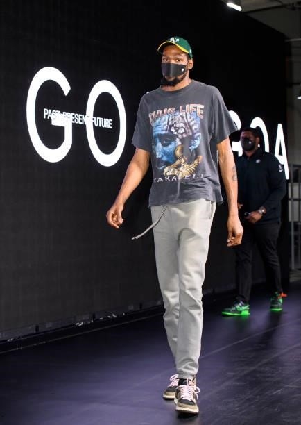Kevin Durant of the Brooklyn Nets arrives to the arena prior to the game against the Milwaukee Bucks during Round 2, Game 2 of the 2021 NBA Playoffs...