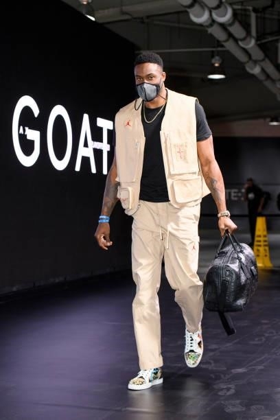 Thanasis Antetokounmpo of the Milwaukee Bucks arrives to the arena prior to the game against the Brooklyn Nets during Round 2, Game 2 of the 2021 NBA...