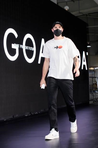 Joe Harris of the Brooklyn Nets arrives to the arena prior to the game against the Milwaukee Bucks during Round 2, Game 2 of the 2021 NBA Playoffs on...