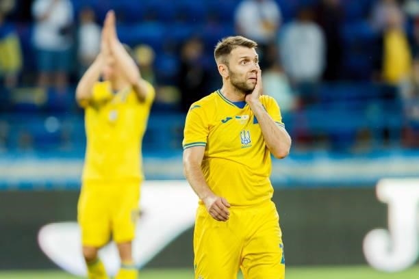 Oleksandr Karavaev of Ukriane looks on after the international friendly match between Ukraine and Cyprus at Metalist Stadium on June 7, 2021 in...