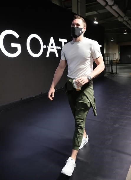 Pat Connaughton of the Milwaukee Bucks arrives to the arena prior to the game against the Brooklyn Nets during Round 2, Game 2 of the 2021 NBA...