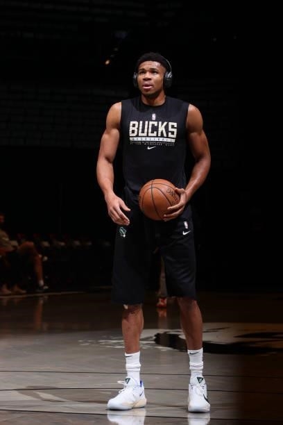 Giannis Antetokounmpo of the Milwaukee Bucks warms up prior to the game against the Brooklyn Nets during Round 2, Game 2 of the 2021 NBA Playoffs on...