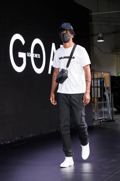 Alize Johnson of the Brooklyn Nets arrives to the arena prior to the game against the Milwaukee Bucks during Round 2, Game 2 of the 2021 NBA Playoffs...