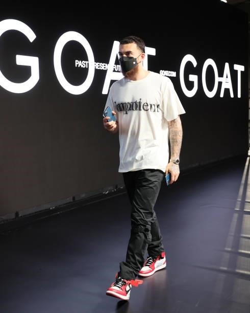 Mike James of the Brooklyn Nets arrives to the arena prior to the game against the Milwaukee Bucks during Round 2, Game 2 of the 2021 NBA Playoffs on...