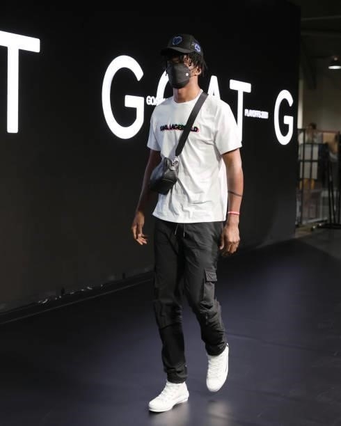 Alize Johnson of the Brooklyn Nets arrives to the arena prior to the game against the Milwaukee Bucks during Round 2, Game 2 of the 2021 NBA Playoffs...