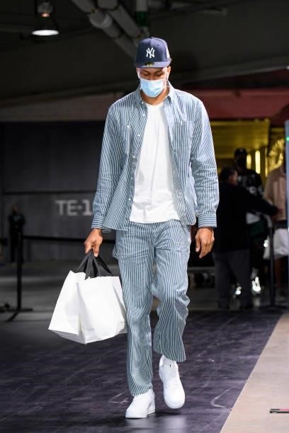 Axel Toupane of the Milwaukee Bucks arrives to the arena prior to the game against the Brooklyn Nets during Round 2, Game 2 of the 2021 NBA Playoffs...