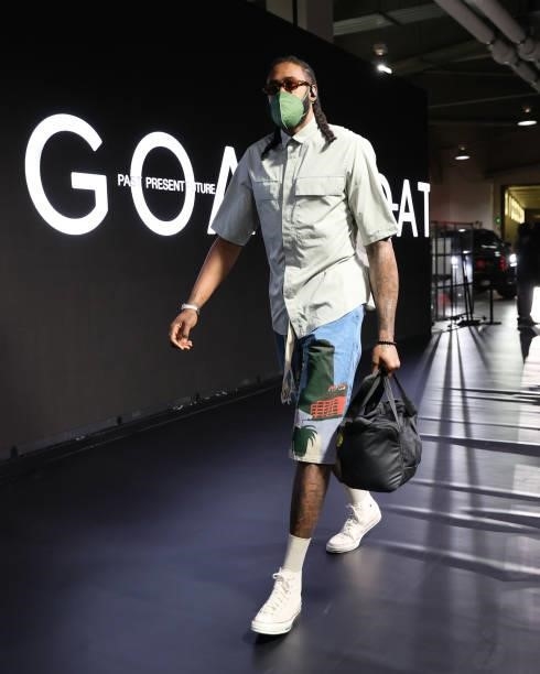DeAndre Jordan of the Brooklyn Nets arrives to the arena prior to the game against the Milwaukee Bucks during Round 2, Game 2 of the 2021 NBA...