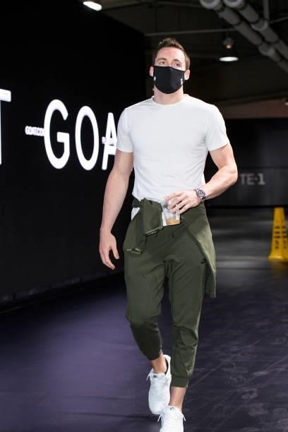 Pat Connaughton of the Milwaukee Bucks arrives to the arena prior to the game against the Brooklyn Nets during Round 2, Game 2 of the 2021 NBA...