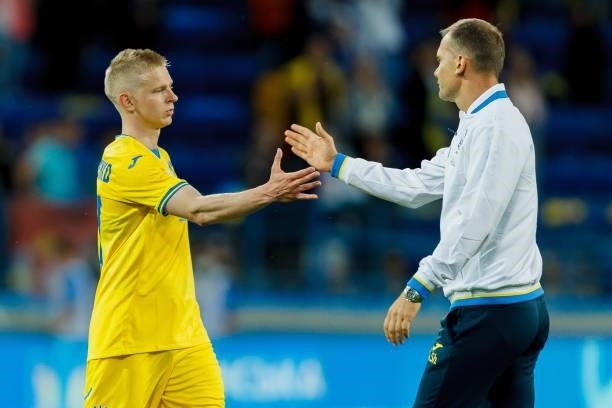 Oleksandr Zinchenko of Ukraine and head coach Andriy Shevchenko of Ukraine gestures after the international friendly match between Ukraine and Cyprus...
