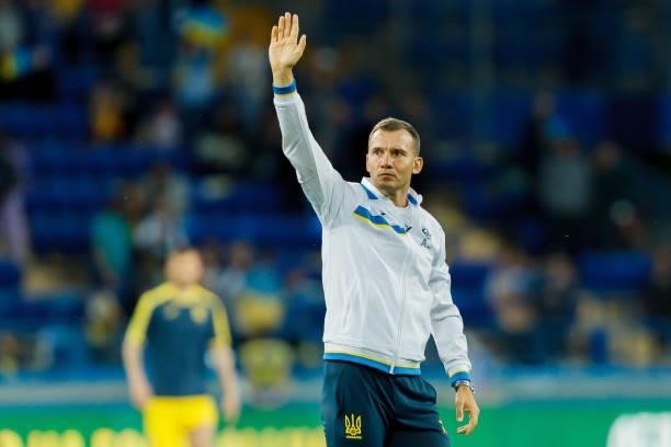 Head coach Andriy Shevchenko of Ukraine gestures after the international friendly match between Ukraine and Cyprus at Metalist Stadium on June 7,...
