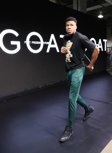 Giannis Antetokounmpo of the Milwaukee Bucks arrives to the arena prior to the game against the Brooklyn Nets during Round 2, Game 2 of the 2021 NBA...