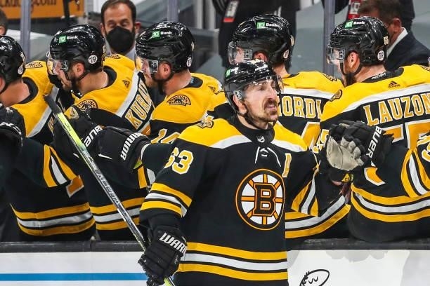 Brad Marchand of the Boston Bruins reacts after scoring in the second period in Game Five of the Second Round of the 2021 Stanley Cup Playoffs...