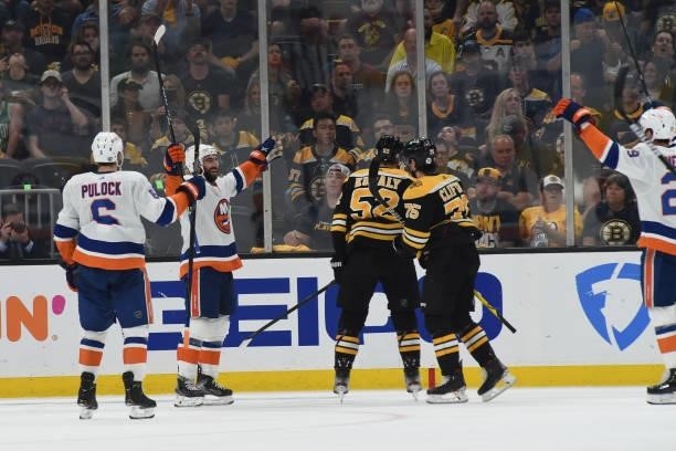 The New York Islanders celebrate the second period goal against the Boston Bruins in Game Five of the Second Round of the 2021 Stanley Cup Playoffs...
