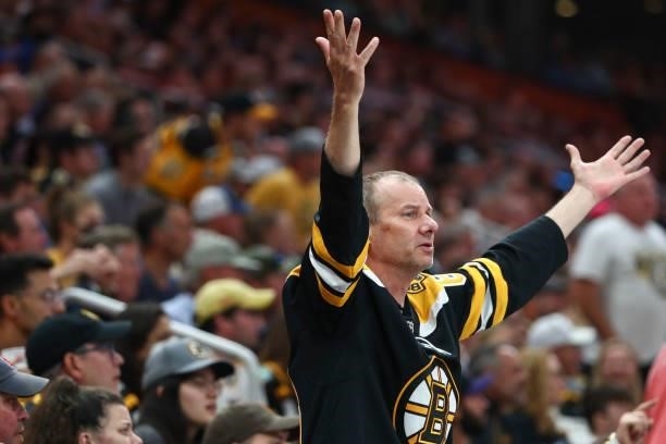 Boston Bruins fan reacts in Game Five of the Second Round of the 2021 Stanley Cup Playoffs against the New York Islanders at TD Garden on June 7,...
