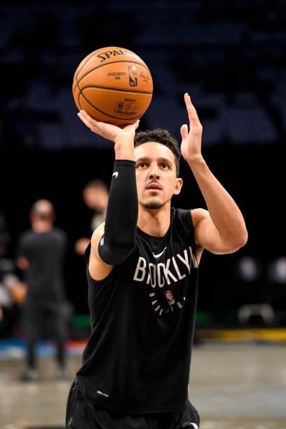 Landry Shamet of the Brooklyn Nets warms up prior to the game against the Milwaukee Bucks during Round 2, Game 2 of the 2021 NBA Playoffs on June 7,...