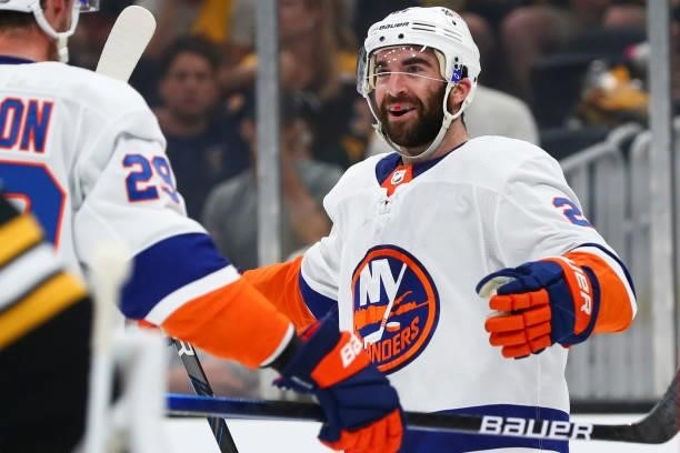 Otto Koivula of the New York Islanders reacts after scoring in the second period in Game Five of the Second Round of the 2021 Stanley Cup Playoffs...