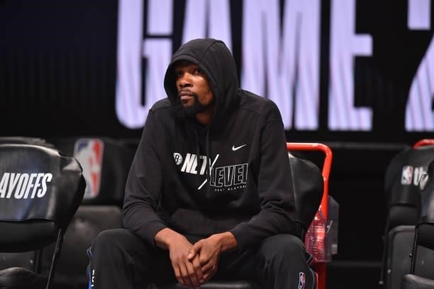 Kevin Durant of the Brooklyn Nets warms up prior to a game against the Milwaukee Bucks during Round 2, Game 2 on June 7, 2021 at Barclays Center in...