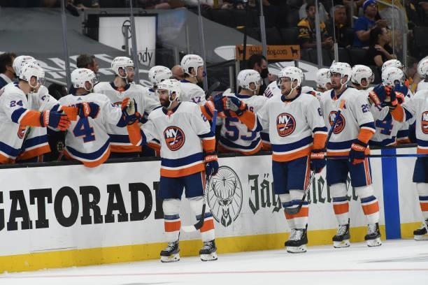 JThe New York Islanders celebrate the second period goal against the Boston Bruins in Game Five of the Second Round of the 2021 Stanley Cup Playoffs...