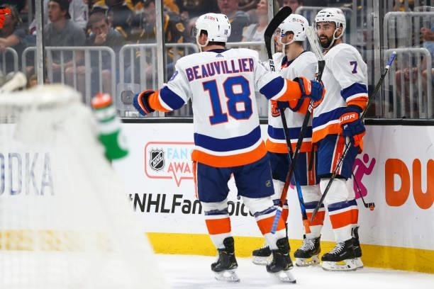 Jordan Eberle of the New York Islanders reacts with teammates after scoring in the second period in Game Five of the Second Round of the 2021 Stanley...