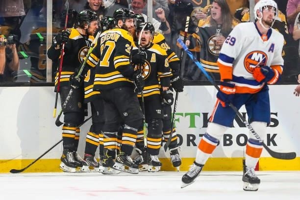 Brad Marchand of the Boston Bruins reacts after scoring in the second period in Game Five of the Second Round of the 2021 Stanley Cup Playoffs...