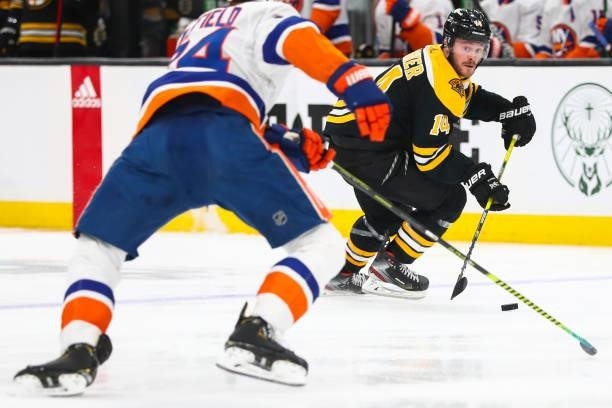 Chris Wagner of the Boston Bruins skates with the puck in Game Five of the Second Round of the 2021 Stanley Cup Playoffs against the New York...
