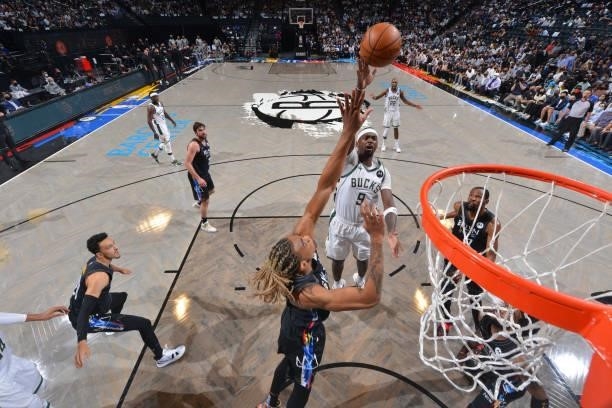 Nicolas Claxton of the Brooklyn Nets blocks the shot of Bobby Portis of the Milwaukee Bucks during Round 2, Game 2 on June 7, 2021 at Barclays Center...