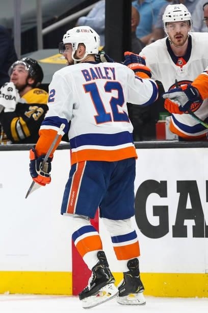 Josh Bailey of the New York Islanders react after scoring in the second period in Game Five of the Second Round of the 2021 Stanley Cup Playoffs...