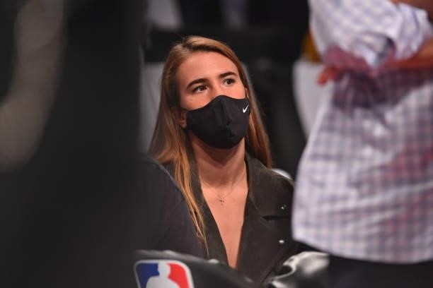 Sabrina Ionescu of the New York Liberty attends a game between the Milwaukee Bucks and the Brooklyn Nets during Round 2, Game 2 on June 7, 2021 at...