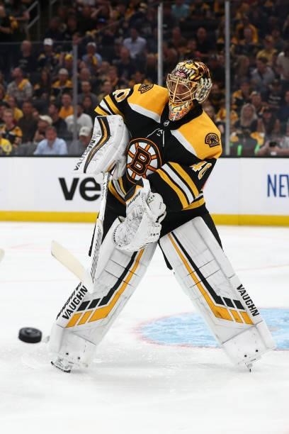 Tuukka Rask of the Boston Bruins clears the puck in the second period in Game Five of the Second Round of the 2021 Stanley Cup Playoffs against the...