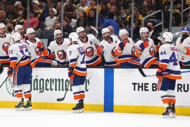 Jordan Eberle of the New York Islanders reacts with teammates after scoring in the second period in Game Five of the Second Round of the 2021 Stanley...