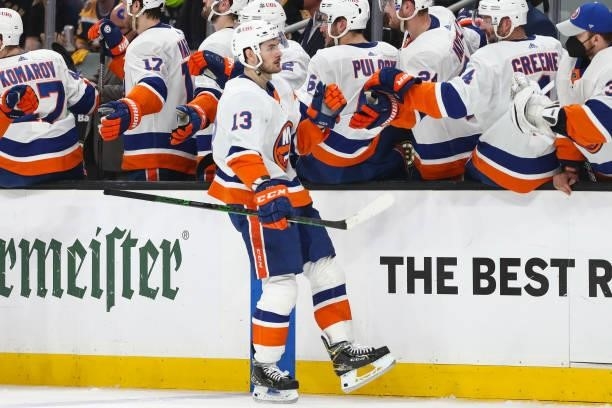 Mathew Barzal of the New York Islanders celebrates with teammates after scoring in the first period in Game Five of the Second Round of the 2021...