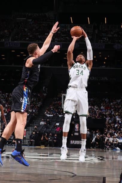 Giannis Antetokounmpo of the Milwaukee Bucks shoots the ball against the Brooklyn Nets during Round 2, Game 2 of the 2021 NBA Playoffs on June 7,...