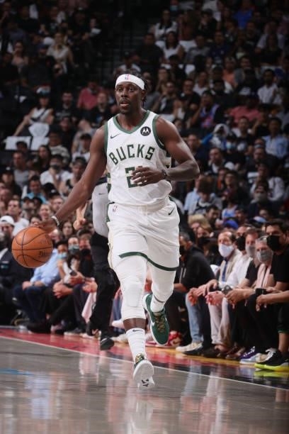Jrue Holiday of the Milwaukee Bucks drives to the basket against the Brooklyn Nets during Round 2, Game 2 of the 2021 NBA Playoffs on June 7, 2021 at...