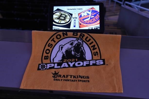 Playoff rally towel given out to fans of the Boston Bruins before the game against the New York Islanders in Game Five of the Second Round of the...