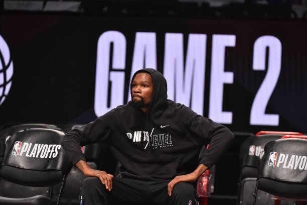Kevin Durant of the Brooklyn Nets warms up prior to a game against the Milwaukee Bucks during Round 2, Game 2 on June 7, 2021 at Barclays Center in...