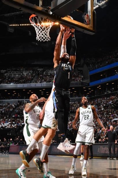 Bruce Brown of the Brooklyn Nets dunks the ball against the Milwaukee Bucks during Round 2, Game 2 on June 7, 2021 at Barclays Center in Brooklyn,...