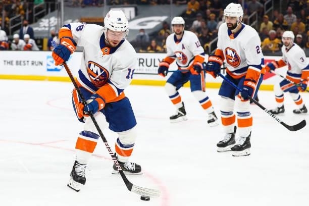 Anthony Beauvillier of the New York Islanders skates with the puck in Game Five of the Second Round of the 2021 Stanley Cup Playoffs against the...