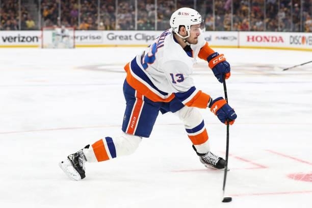 Mathew Barzal of the New York Islanders shoots the puck in the second period in Game Five of the Second Round of the 2021 Stanley Cup Playoffs...