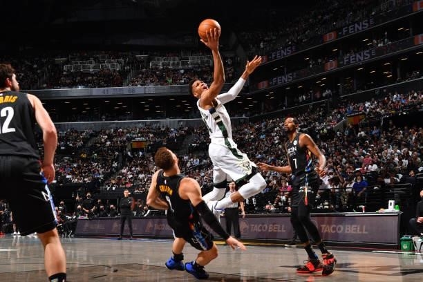Giannis Antetokounmpo of the Milwaukee Bucks shoots the ball against the Brooklyn Nets during Round 2, Game 2 on June 7, 2021 at Barclays Center in...