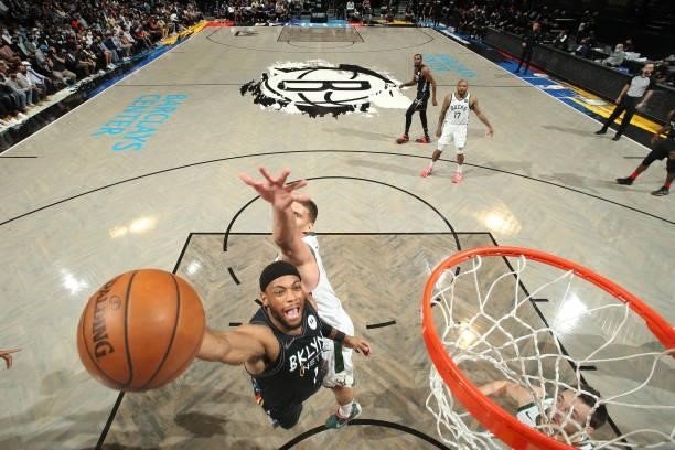Bruce Brown of the Brooklyn Nets drives to the basket against the Milwaukee Bucks during Round 2, Game 2 of the 2021 NBA Playoffs on June 7, 2021 at...