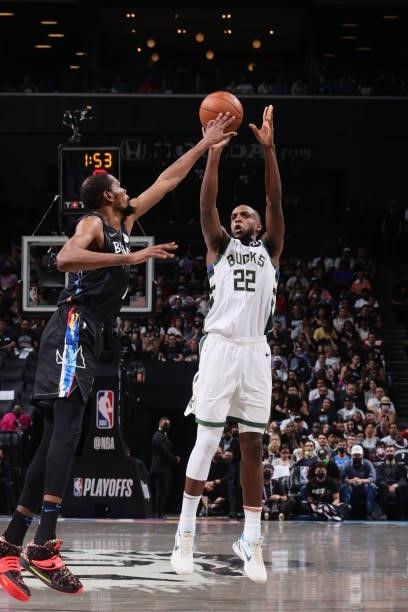 Khris Middleton of the Milwaukee Bucks shoots the ball against the Brooklyn Nets during Round 2, Game 2 of the 2021 NBA Playoffs on June 7, 2021 at...