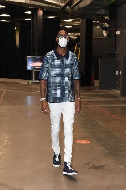 Will Barton of the Denver Nuggets arrives to the arena before the game against the Phoenix Suns during Round 2, Game 1 of the 2021 NBA Playoffs on...