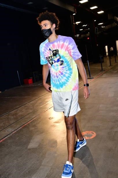 Cameron Johnson of the Phoenix Suns arrives to the arena before the game against the Phoenix Suns during Round 2, Game 1 of the 2021 NBA Playoffs on...