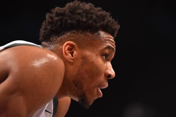 Giannis Antetokounmpo of the Milwaukee Bucks looks on during a game against the Brooklyn Nets during Round 2, Game 2 on June 7, 2021 at Barclays...