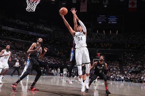 Giannis Antetokounmpo of the Milwaukee Bucks drives to the basket against the Brooklyn Nets during Round 2, Game 2 of the 2021 NBA Playoffs on June...