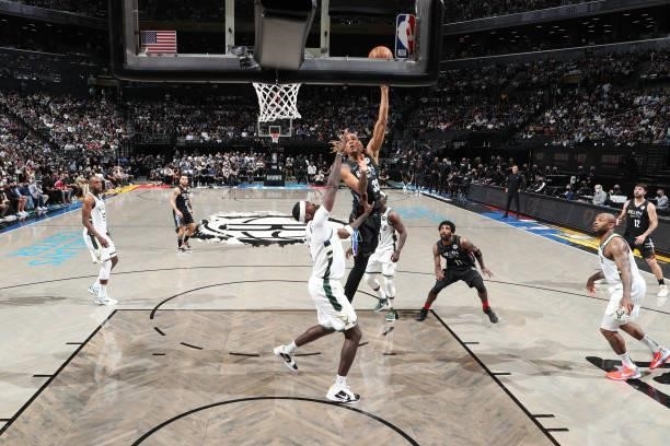 Nicolas Claxton of the Brooklyn Nets shoots the ball against the Milwaukee Bucks during Round 2, Game 2 of the 2021 NBA Playoffs on June 7, 2021 at...