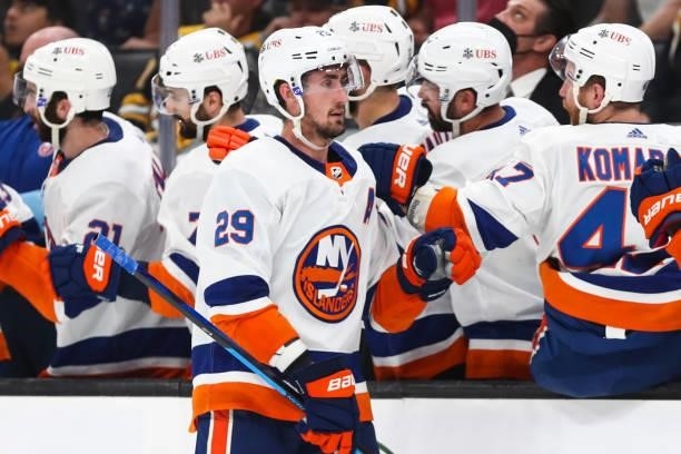Brock Nelson of the New York Islanders reacts after scoring in the third period in Game Five of the Second Round of the 2021 Stanley Cup Playoffs...