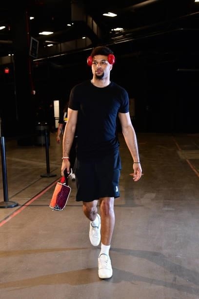 Jamal Murray of the Denver Nuggets arrives to the arena before the game against the Phoenix Suns during Round 2, Game 1 of the 2021 NBA Playoffs on...