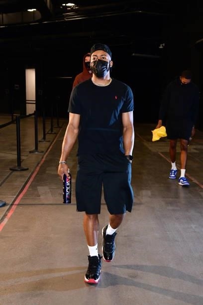 Jevon Carter of the Phoenix Suns arrives to the arena before the game against the Denver Nuggets during Round 2, Game 1 of the 2021 NBA Playoffs on...