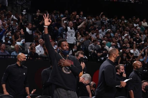 Jeff Green of the Brooklyn Nets celebrates during Round 2, Game 2 of the 2021 NBA Playoffs on June 7, 2021 at Barclays Center in Brooklyn, New York....